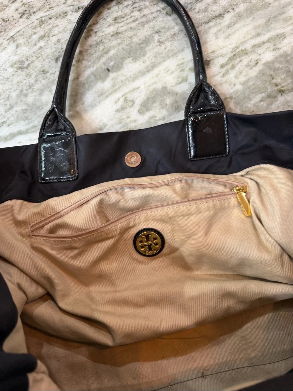 Tory Burch Black Nylon Tote with Glossy Patent Logo